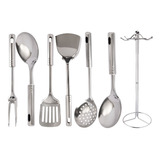 Kit Completo De Utensílios Para Cozinhar Com Suporte Em Inox