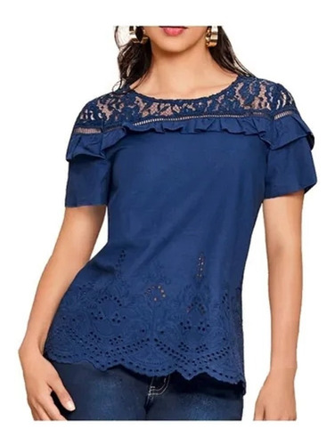 Blusa Azul Marino 100% Algodón, Con Encaje Cklass 938-38