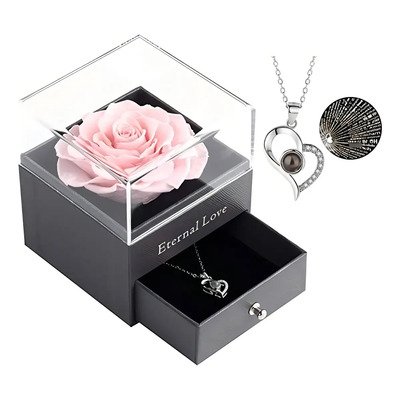 Rosa Real Eterna Y Collar Con Dije, Caja De Acrilico