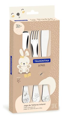 Cubertería Infantil Le Petit Tramontina Con Tenedor, Cuchara Y Cuchillo, 3 Unidades, Color Rosa