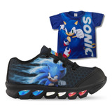 Kit Tenis Infantil De Led Sonic Preto Luzes Mais Camisa