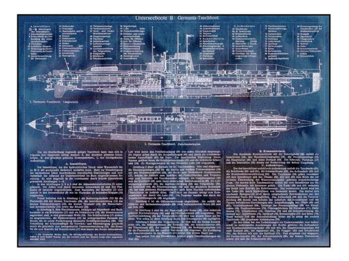 Lienzo Tela Blueprint Submarino Alemán U-boat 1906 50x70