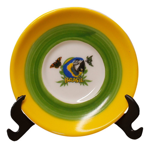  Prato Decorativo De Cerâmica Amarelo Arara Azul  8cm C459