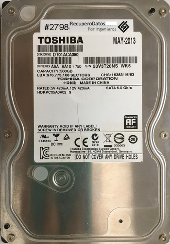Toshiba Dt01aca050 500gb Sata - 03926 Recuperodatos