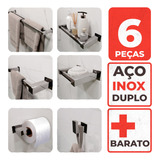 Toalheiro Duplo Inox 304 + Kit Acessórios Banheiro 6 Peças