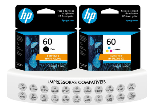 Kit Hp 60 Preto + Color Cartucho Original F4224 F4480 D110