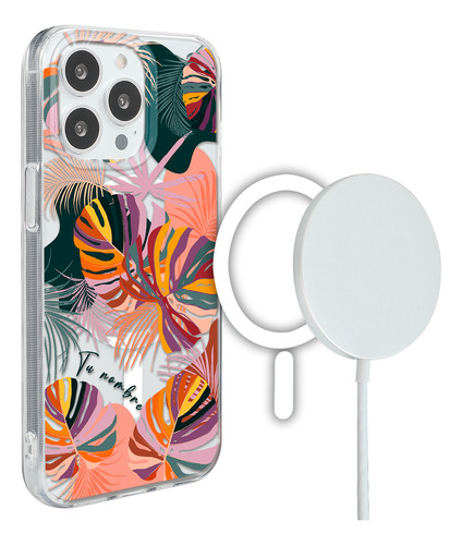 Funda Para iPhone Magsafe Mujer Flores Hojas Con Tu Nombre