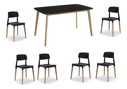 Juego De Comedor Madera Mesa Claire 140cm + 6 Sillas Milan Color Negro