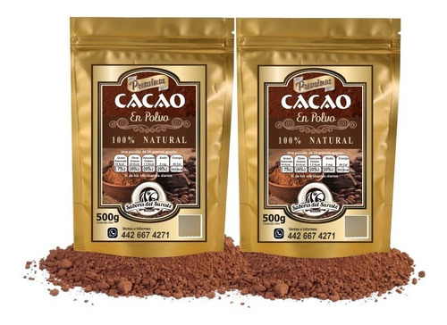 Puro Cacao Natural En Polvo Sin Azúcar 2 Bolsas De 500g