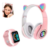 Fone De Gatinho Rosa Criança Led Bluetooth Game Smartwatch