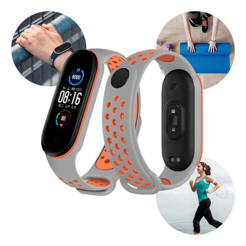 Pulseira Furadinha Esporte Compatível Xiaomi Mi Band 5 6 7 Cor Cinza Com Laranja Furadinha