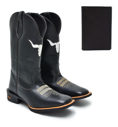 Bota Texana Masculina Boi Vazado Preto Em Couro + Carteira