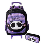 Mochila Meninas Panda Hello Brilho Tam G Rodinha + Estojo