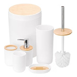 Kit Conjunto Banheiro Lavabo Tampa Bambu 6 Pcs Branco