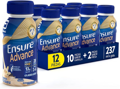 Ensure Advance Vainilla + Fresa, Caja Con 12 Botellas De 237 Ml (10 Vainilla Y 2 Fresa)