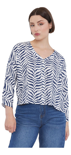 Blusa Mujer Cuello V Print Cebra Azul Corona