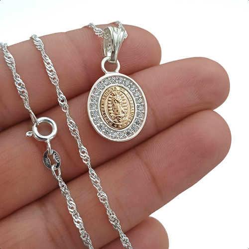 Medalla Dije Virgen De Guadalupe Oro Y Plata 925 Con Cadena