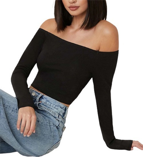 Blusa Crop Top Manga Larga Cuello Bandeja