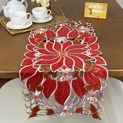 Caminho De Mesa Guippir Bordado Renda 90cm Holanda Flor Luxo Cor Vermelho C/verde