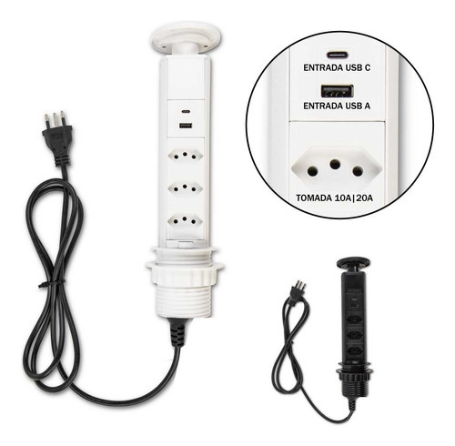 Torre De 3 Tomadas Usb A Usb C Multiplug 20a Retrátil Branco