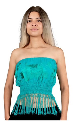 Crop Top Artesanal Jade Bordado Modelo Fall 100% Lino
