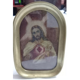 Antiguo Relicario Jesus Pintado Sobre Cuero Firmado Bronce