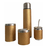 Set Matero 5 Componentes Dorado Glitter Termo De 1 Litro