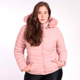 Jaqueta Rosa Puffer Feminina Com Capuz Peluciada Bobojaco