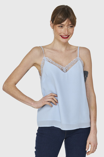 Blusa Escote V Encaje Celeste Nicopoly