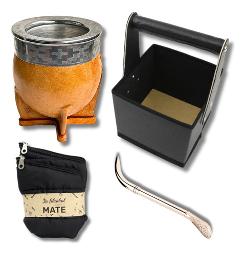 Kit Matero Canasta Mate Imperial Cuero + Bolsitas + Bombilla