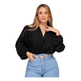 Body Feminino Decote Profundo Manga Longa Social Camisa