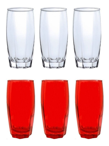 Kit Copo Vidro 370ml 3 Vermelho / 3 Transparente Florida