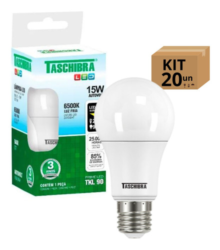 Kit 20 Lâmpadas Bulbo Led Taschibra Tkl Bivolt E27 15w 6500k Cor Da Luz Branco-frio 110v/220v