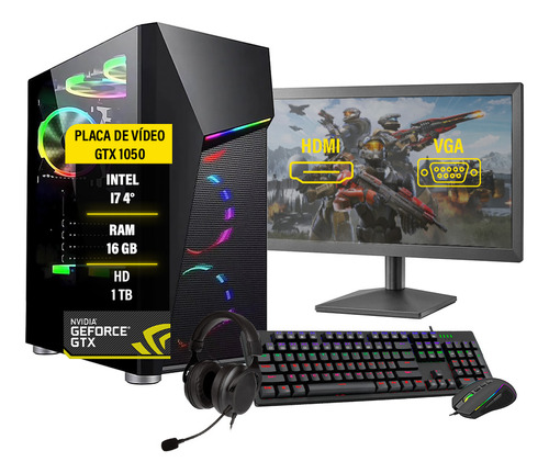 Pc Gamer Completo I7 16gb Gtx 1050ti Ssd 240gb Monitor 19