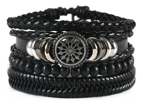 Pulsera Hombre Cuero Genuino Brujula Set 4 En 1 Brazalete