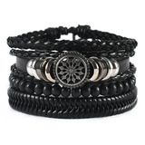 Pulsera Hombre Cuero Genuino Brujula Set 4 En 1 Brazalete