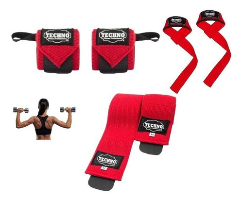 3 Kit Gym Mujer: Rodilleras, Muñequeras, Straps Pesas Rosa