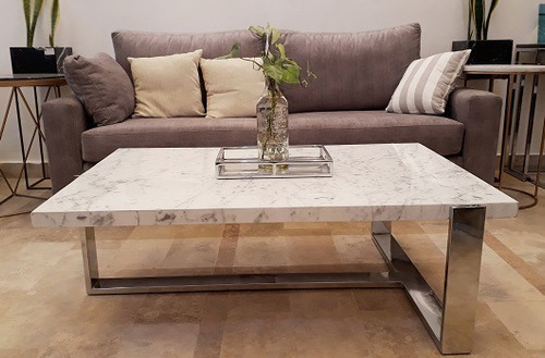 Mesa De Living 120x80cm. Marmol Blanco Carrara Base Cromo