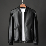 Chaqueta Negra Pu Biker Para Hombre, Chaqueta Bomber De Cuer