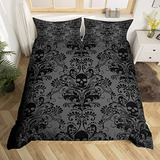 Set De Cama Adulto Vintage Gótico Floral Y Calavera, Tamaño 