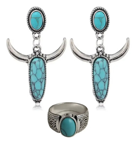 Set De Aretes Colgantes Cabeza De Toro Y Anillo Vaqueros