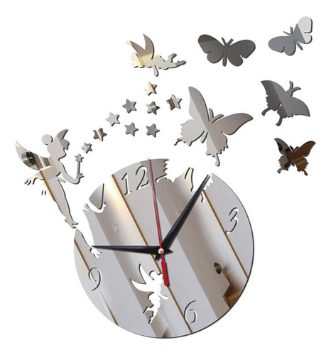 .. Reloj De Pared Con Espejo Mariposas Plateado Pegatinas