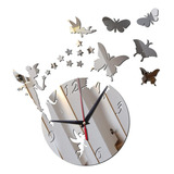 .. Reloj De Pared Con Espejo Mariposas Plateado Pegatinas
