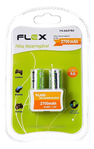 Bateria Aa 2700mah 1,2v C/2 Flex Nimh Recarregável