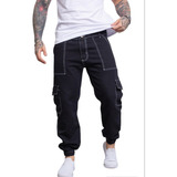 Joggers Mon De Hombre Negro Costura Blanca Art 164