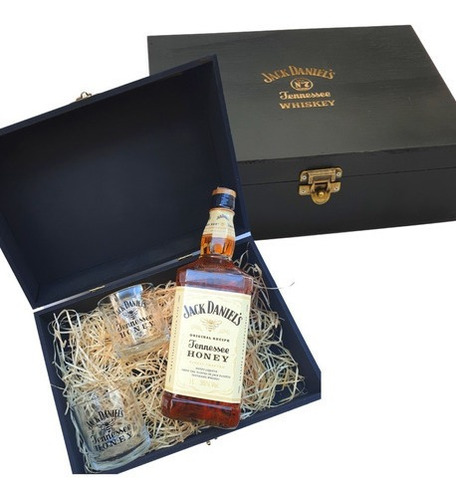 Kit Whisky Jack Daniels Mel Honey 1l + 2 Copos +caixa De Mdf