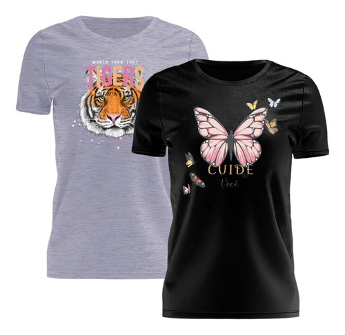 Kit 2 Tshirt Blusa Feminina Camiseta Tigre Borboleta