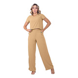 Conjunto Calça Pantalona Forrada Blusa Cropped Feminina