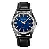 Reloj Hombre Skmei 1986 Acero Fecha Minimalista Elegante Malla Negro Fondo Azul