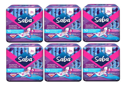 6 Toallas Femeninas Saba Buenas Noches Ultra Invisible 10 Pz